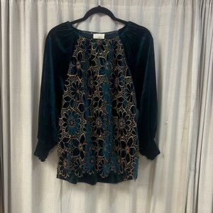 Chic Teal and Gold Velvet Lace Blouse - Umgee